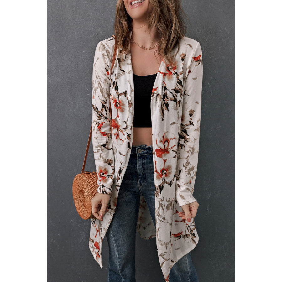 Printed Open Front Longline Cardigan White-Floral / S