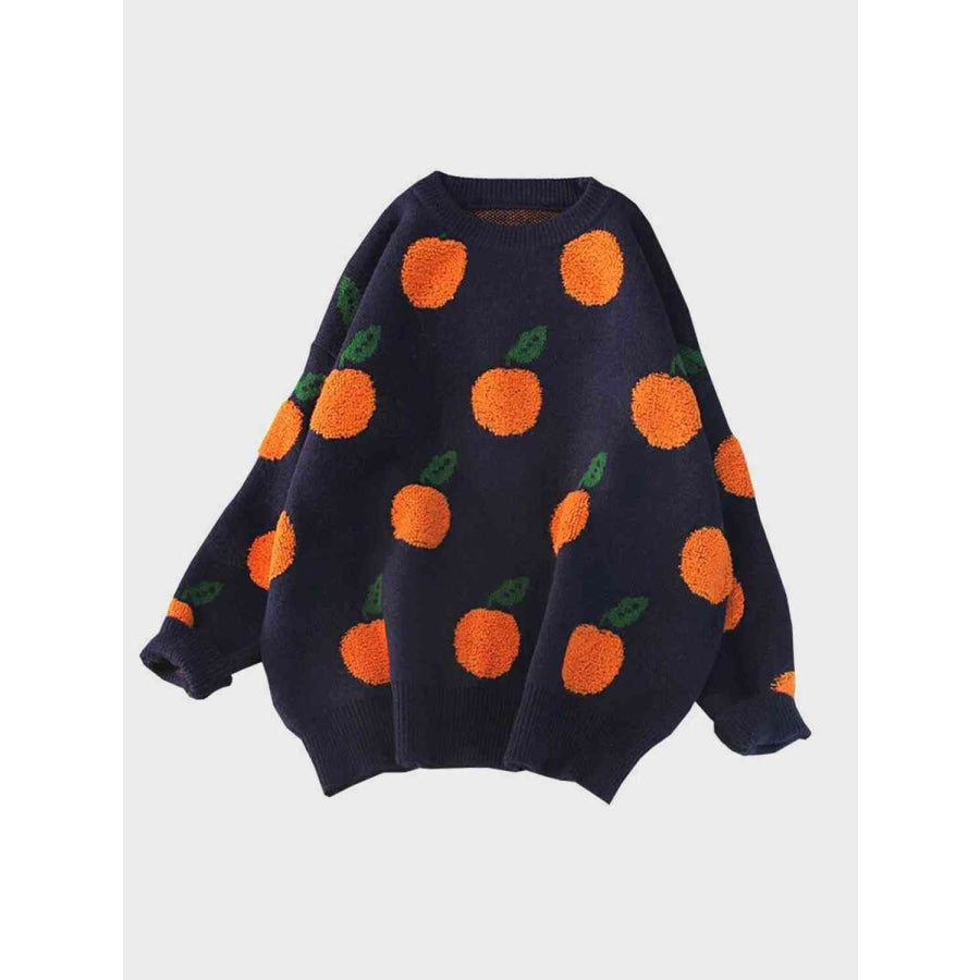 Printed Round Neck Drop Shoulder Sweater Navy / S