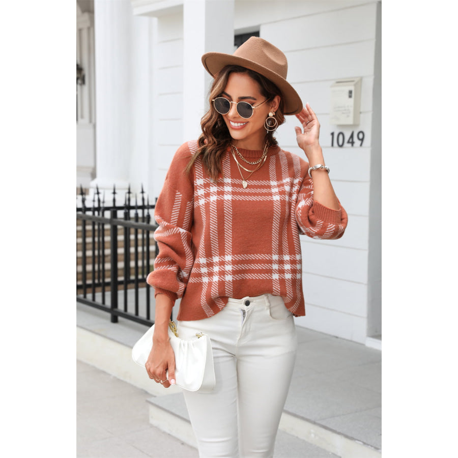 Printed Round Neck Dropped Shoulder Sweater Terracotta / S