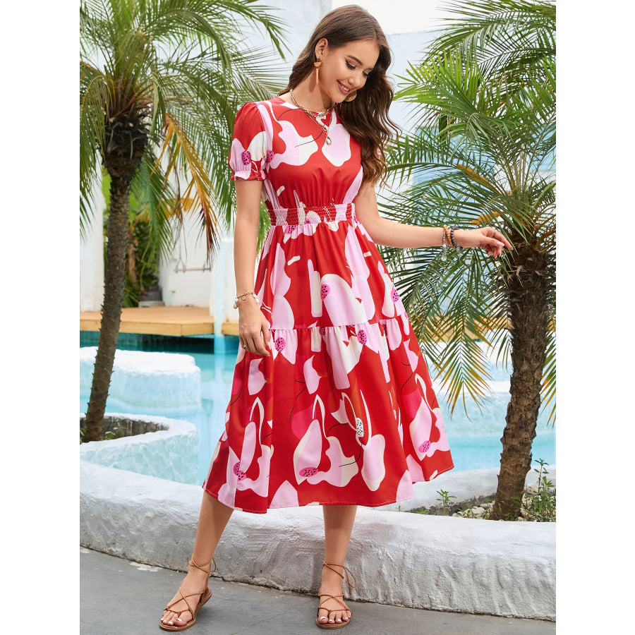 Printed Round Neck Flounce Sleeve Midi Dress