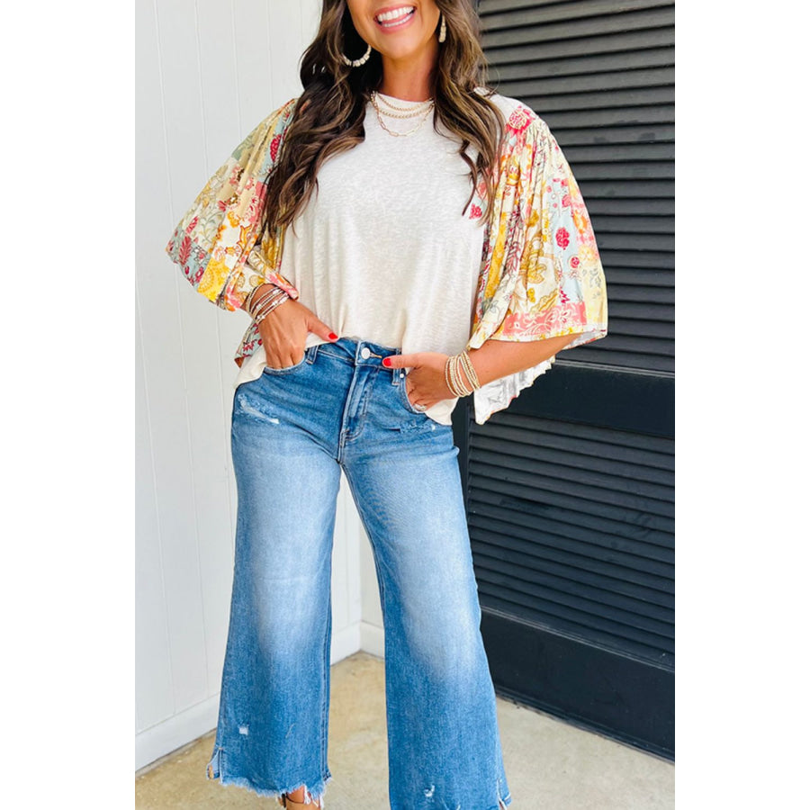 Printed Round Neck Flutter Sleeve Blouse Apparel and Accessories