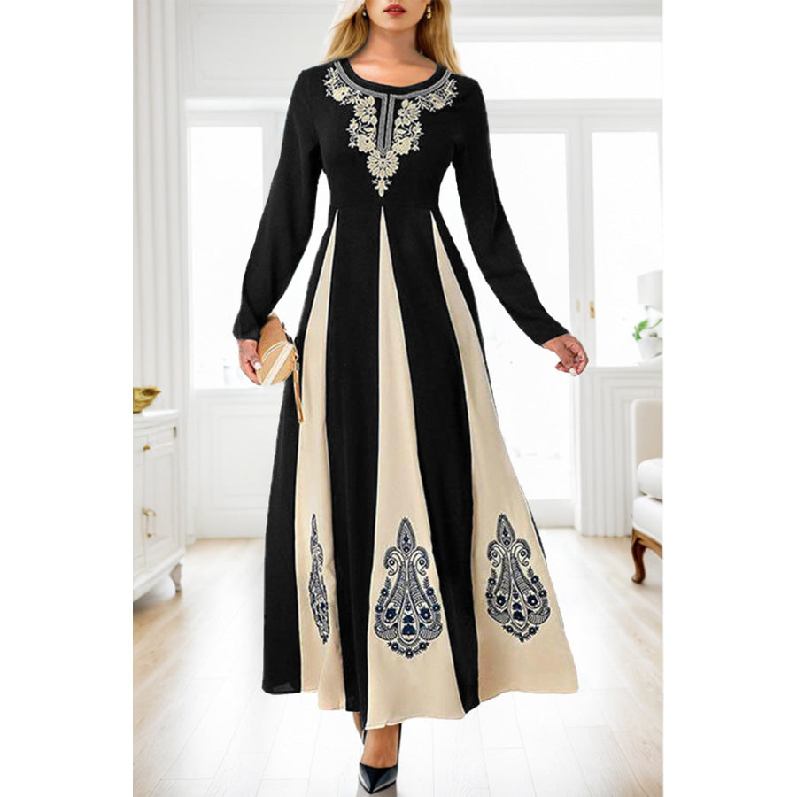 Printed Round Neck Long Sleeve Maxi Dress Black / S Apparel and Accessories