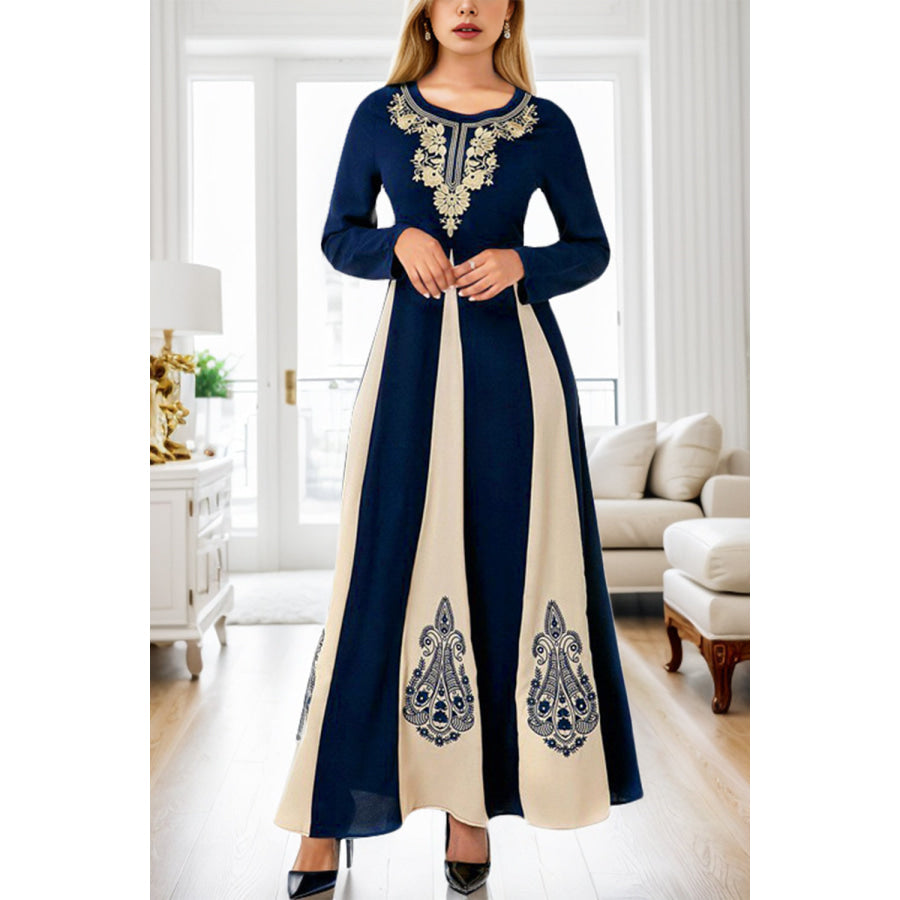 Printed Round Neck Long Sleeve Maxi Dress Navy / S Apparel and Accessories
