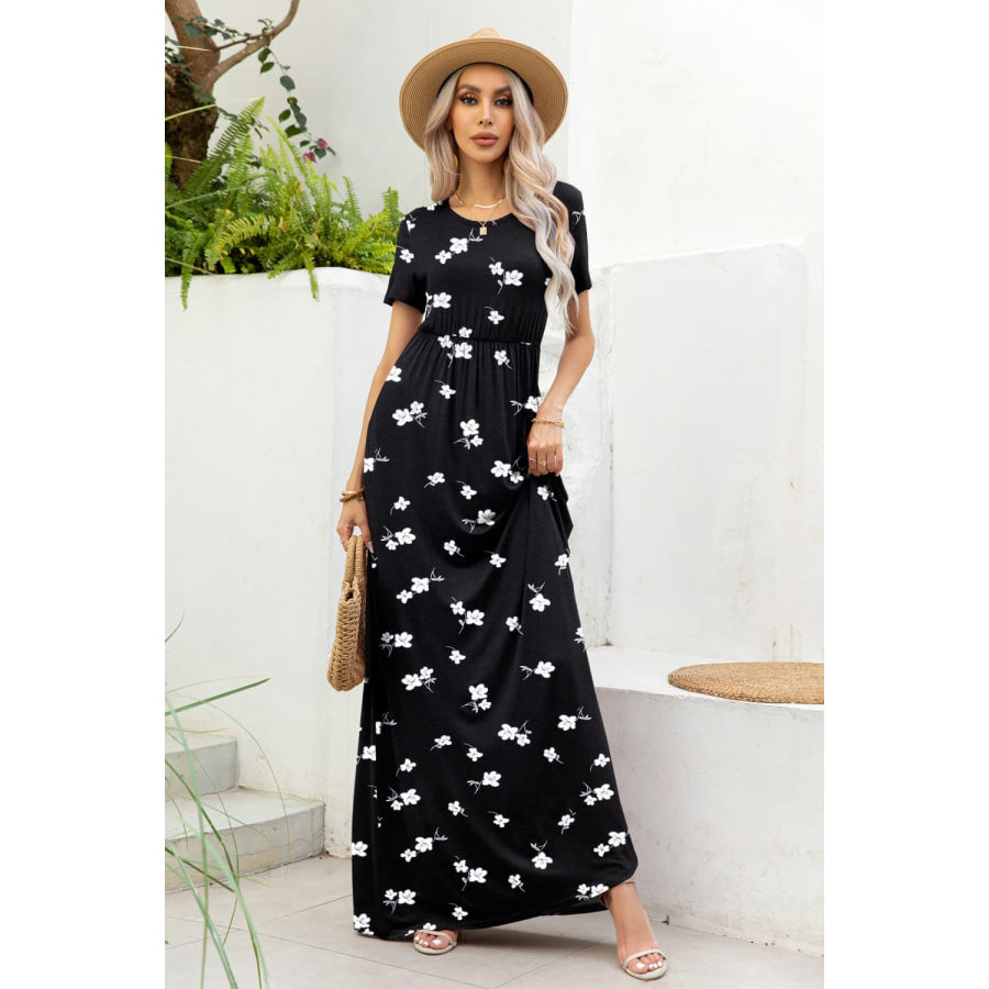 Printed Round Neck Short Sleeve Maxi Dress Black / S
