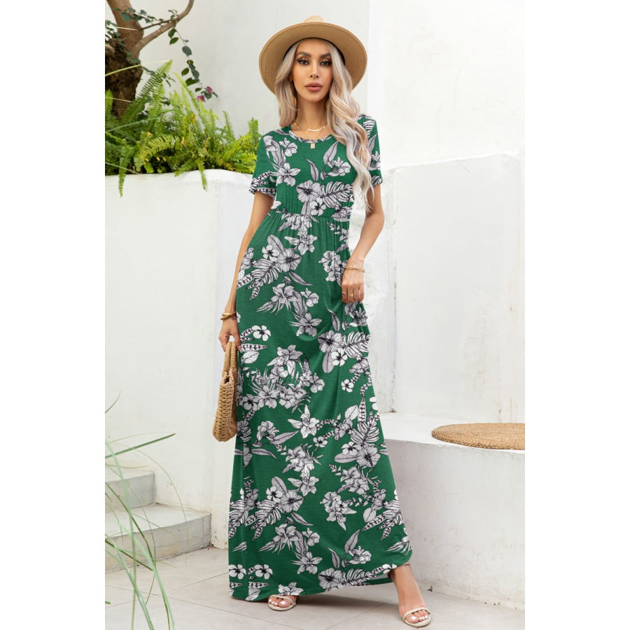 Printed Round Neck Short Sleeve Maxi Dress Forest / S