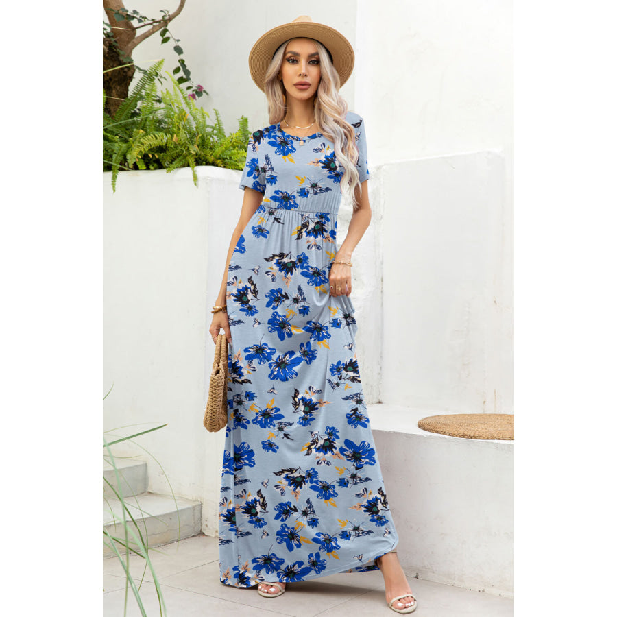 Printed Round Neck Short Sleeve Maxi Dress Pastel Blue / S