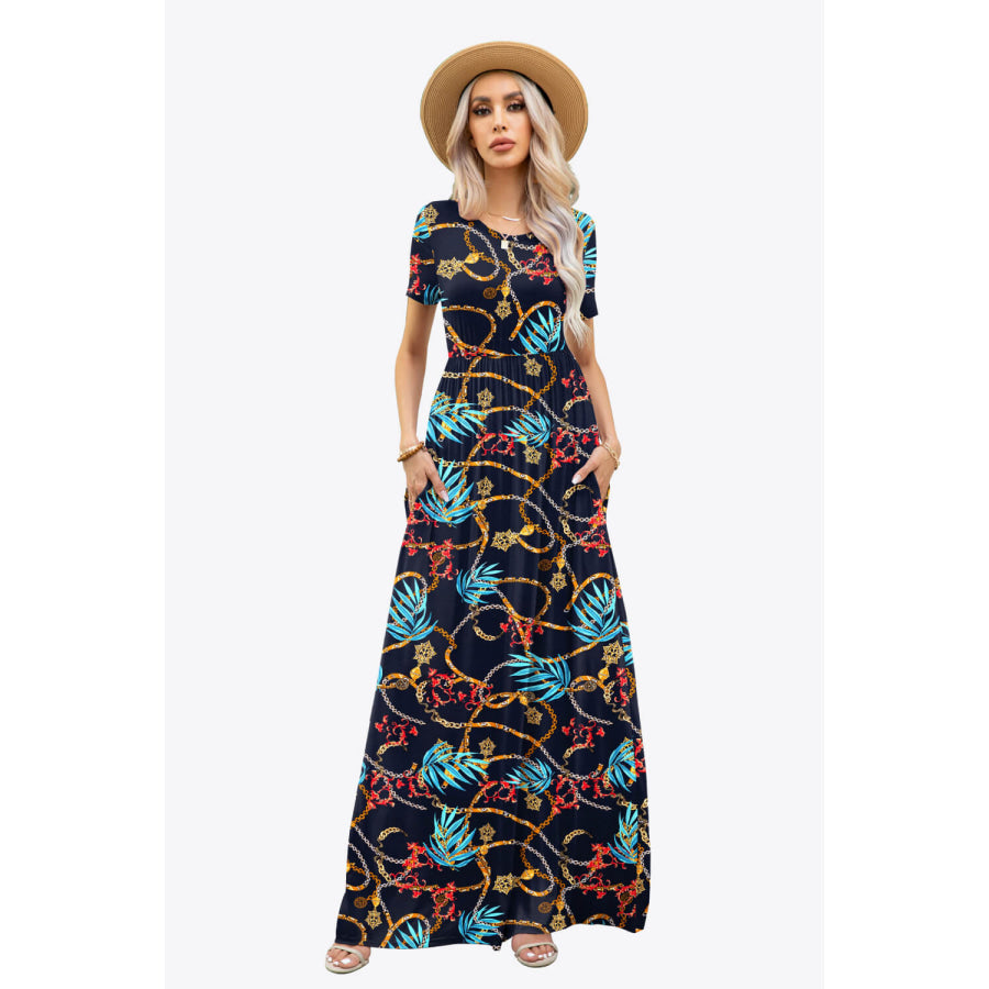 Printed Round Neck Short Sleeve Maxi Dress