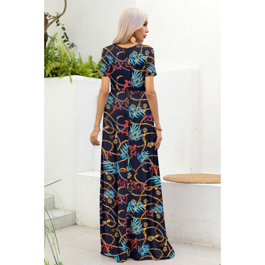 Printed Round Neck Short Sleeve Maxi Dress