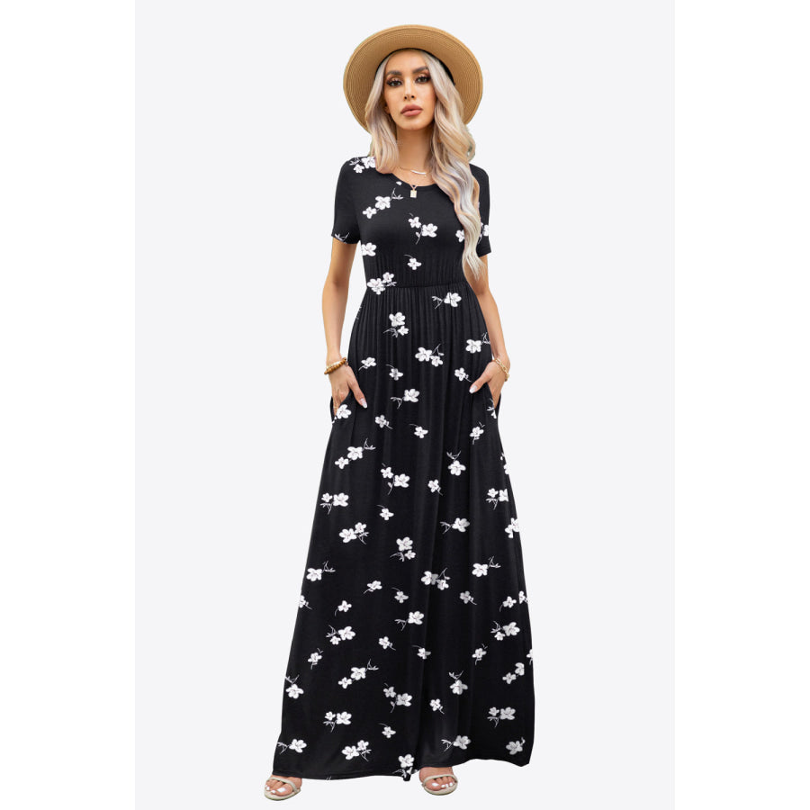 Printed Round Neck Short Sleeve Maxi Dress
