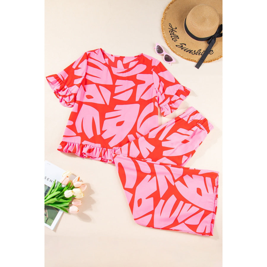 Printed Round Neck Top and Pants Set Strawberry / S Apparel and Accessories