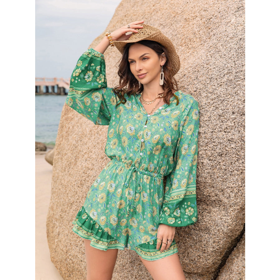 Printed Ruffled Balloon Sleeve Romper Mid Green / S Apparel and Accessories