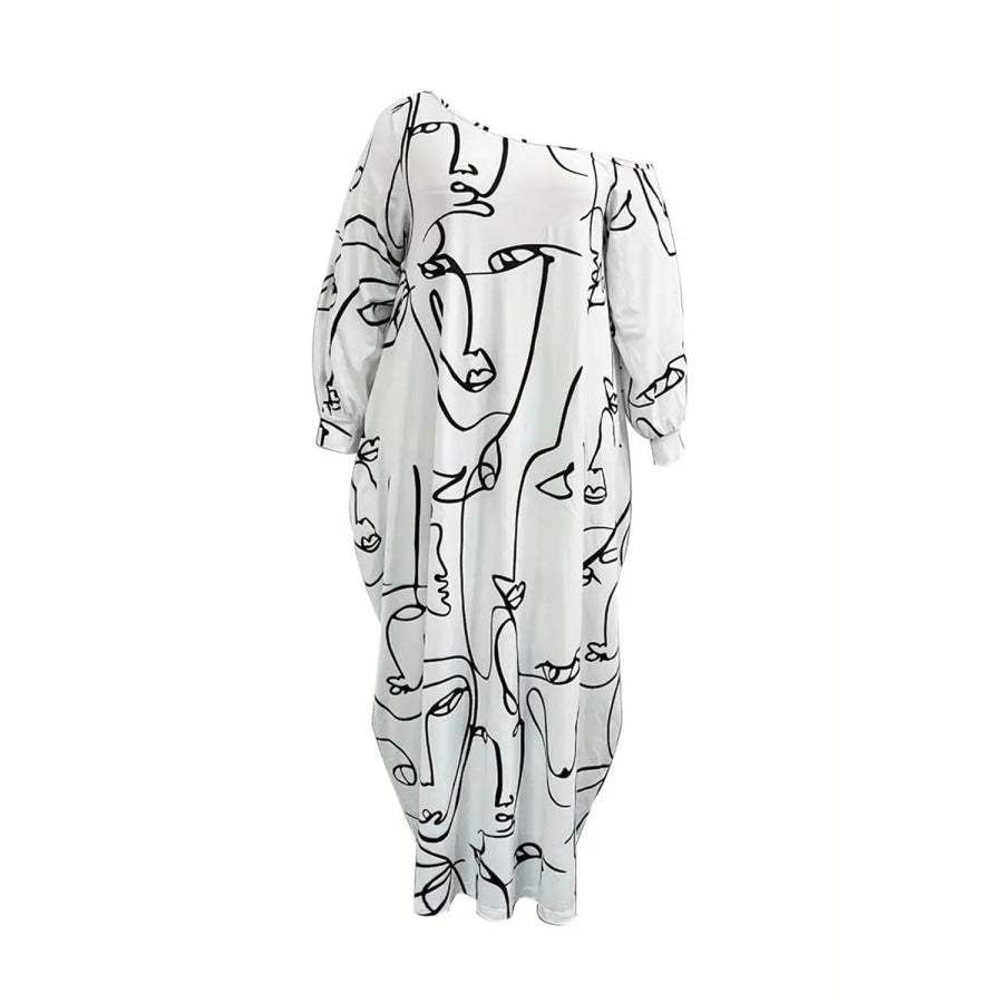 Printed Single Shoulder Lantern Sleeve Maxi Dress Apparel and Accessories