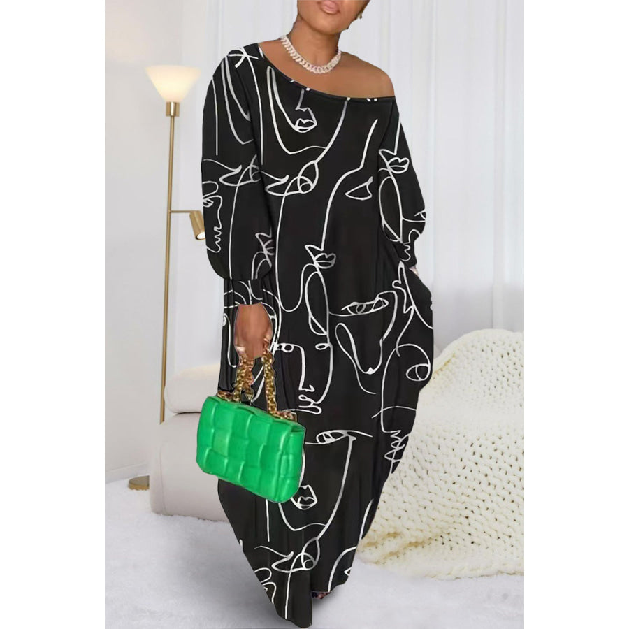 Printed Single Shoulder Lantern Sleeve Maxi Dress Black / XS Apparel and Accessories