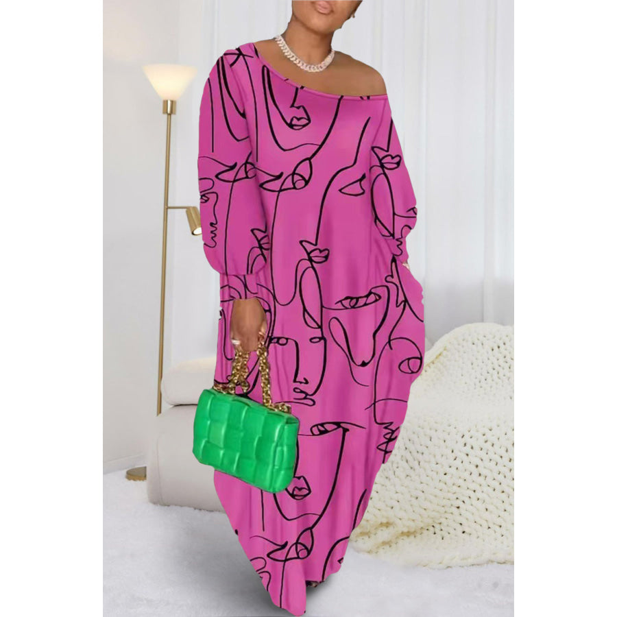 Printed Single Shoulder Lantern Sleeve Maxi Dress Hot Pink / XS Apparel and Accessories