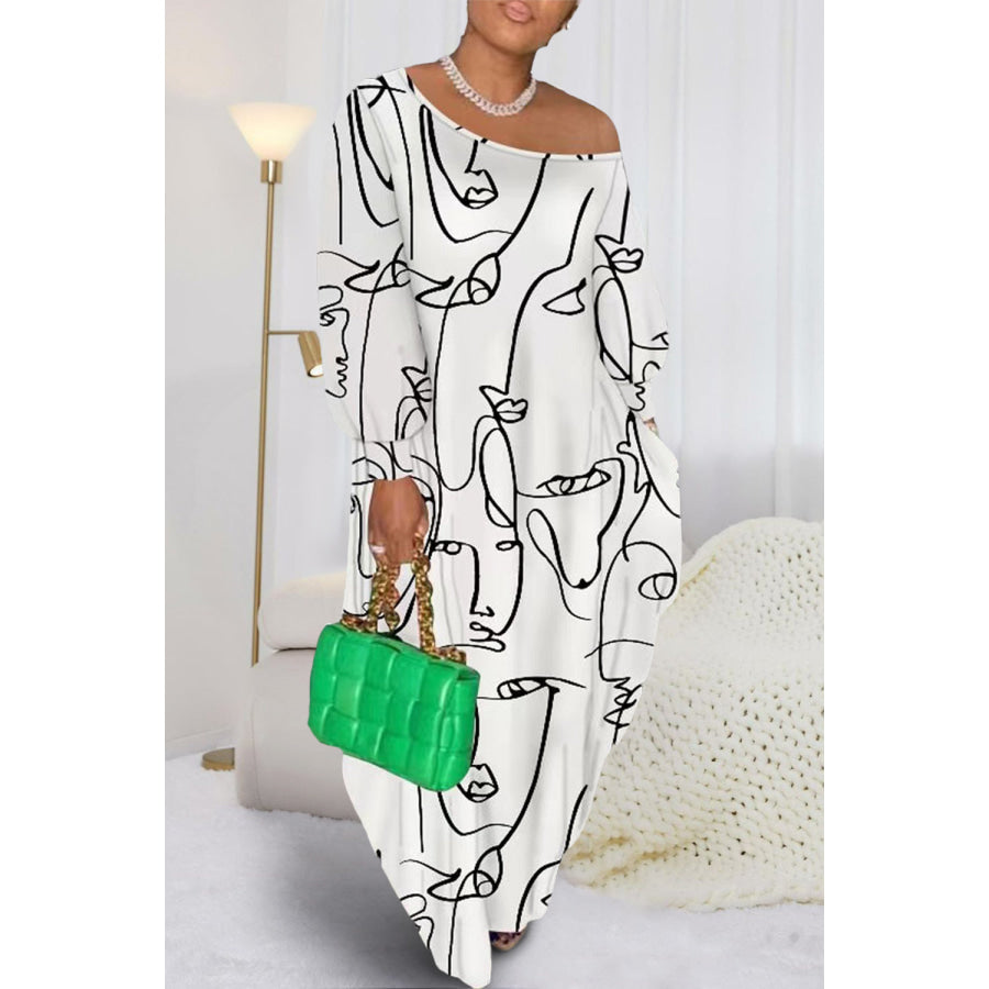 Printed Single Shoulder Lantern Sleeve Maxi Dress White / XS Apparel and Accessories