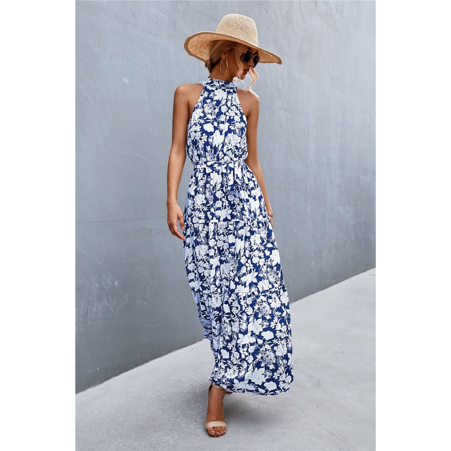 Printed Sleeveless Tie Waist Maxi Dress Blue/Floral / S