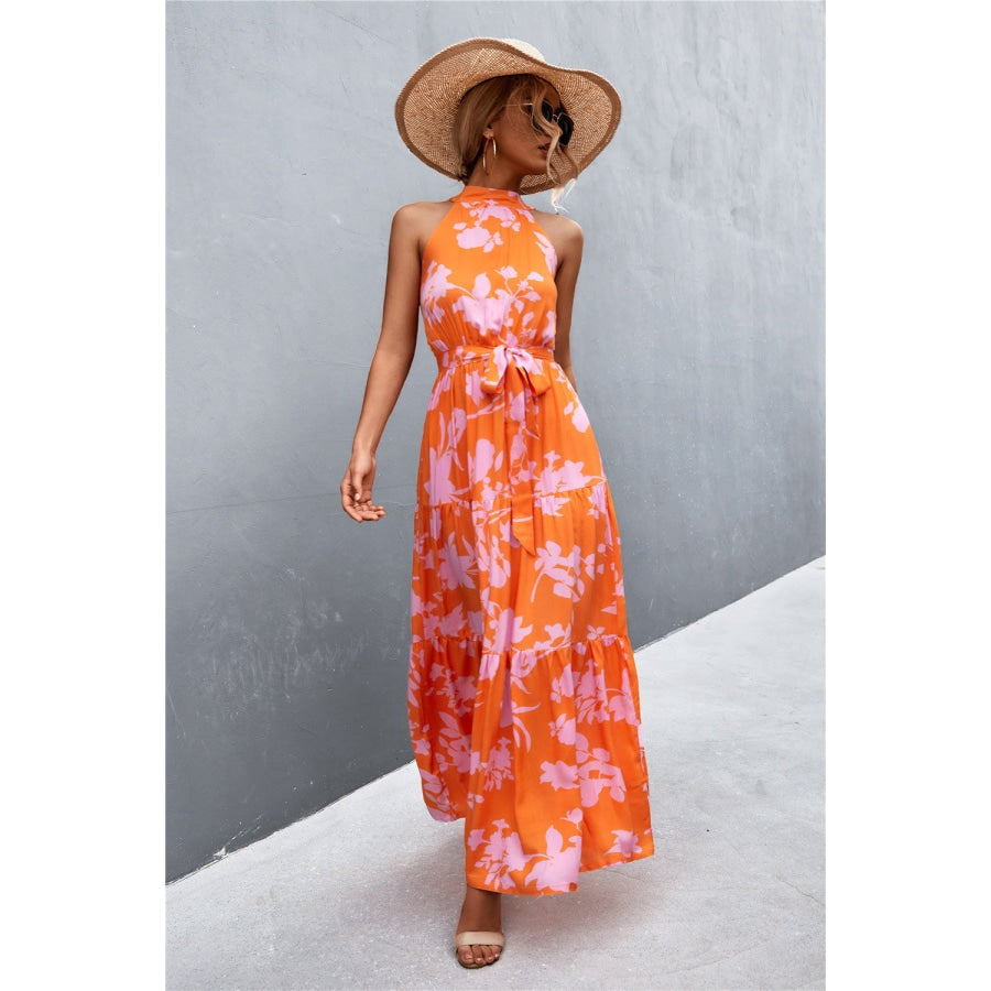 Printed Sleeveless Tie Waist Maxi Dress Orange/Floral / S