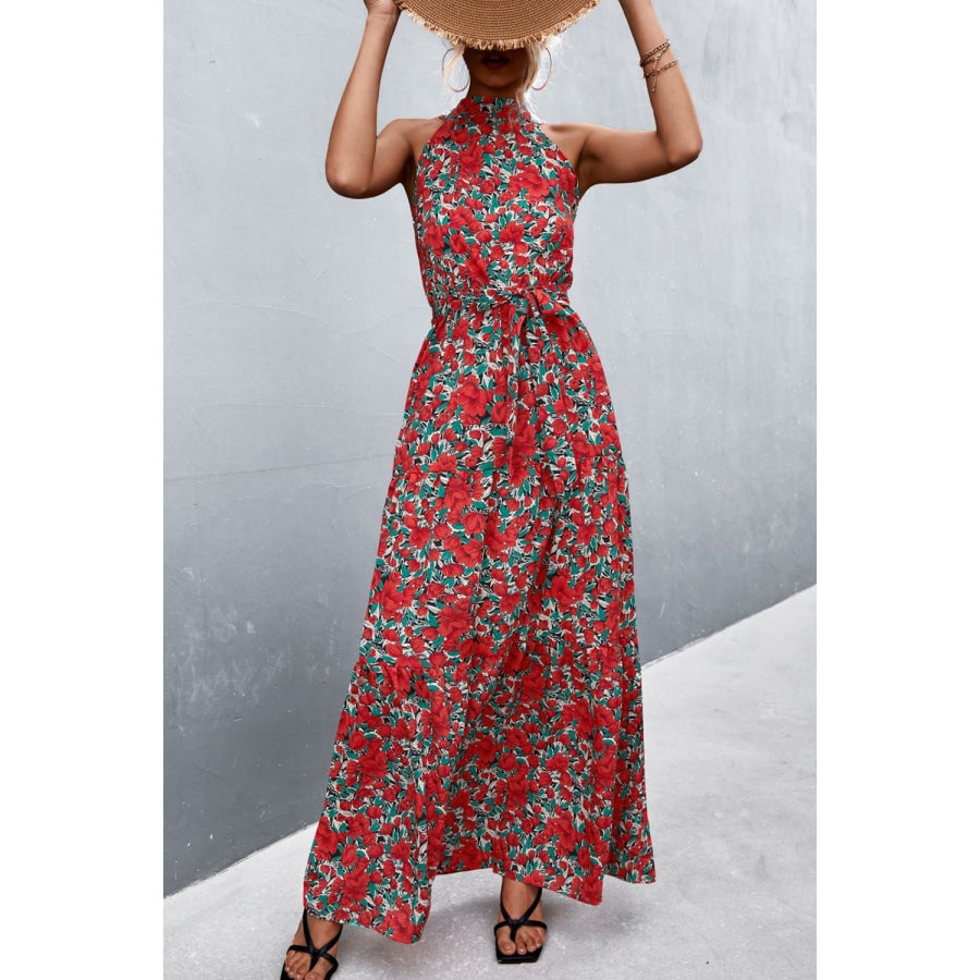 Printed Sleeveless Tie Waist Maxi Dress Red/Floral / S