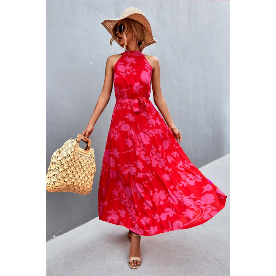 Printed Sleeveless Tie Waist Maxi Dress Rose/Floral / S