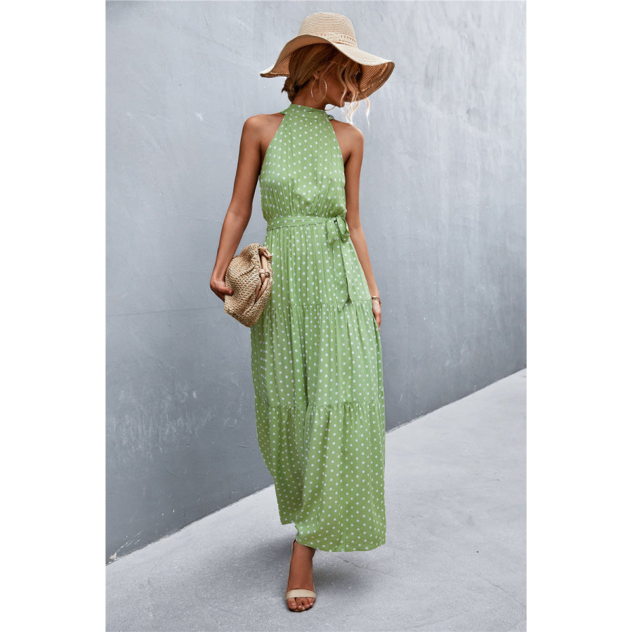 Printed Sleeveless Tie Waist Maxi Dress