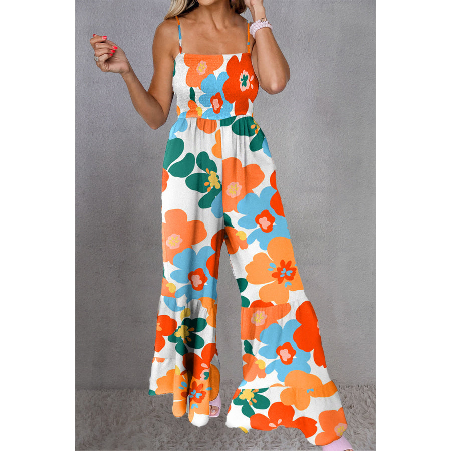 Printed Smocked Spaghetti Strap Jumpsuit Floral / S Apparel and Accessories