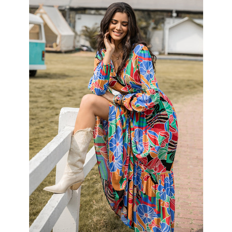 Printed Smocked Tie Neck Balloon Sleeve Maxi Dress Apparel and Accessories