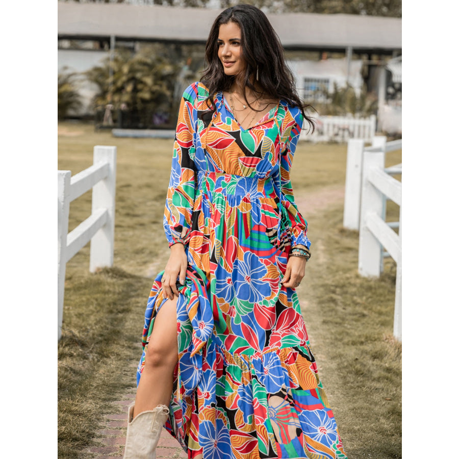 Printed Smocked Tie Neck Balloon Sleeve Maxi Dress Apparel and Accessories