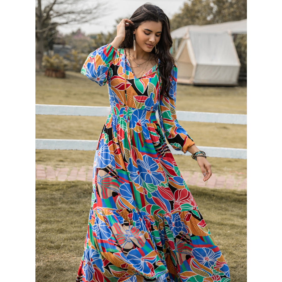 Printed Smocked Tie Neck Balloon Sleeve Maxi Dress Apparel and Accessories