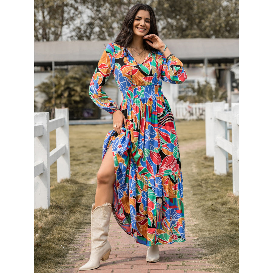 Printed Smocked Tie Neck Balloon Sleeve Maxi Dress Multicolor / S Apparel and Accessories