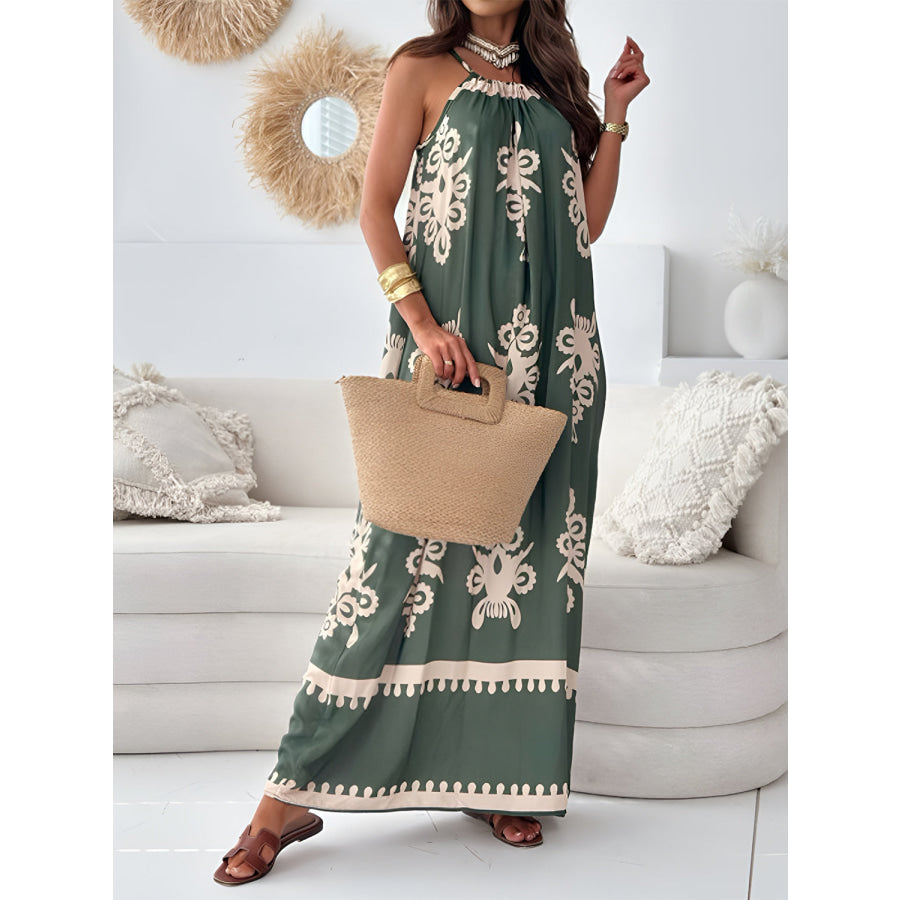 Printed Spaghetti Strap Sleeveless Maxi Dress Dark Green / S Apparel and Accessories