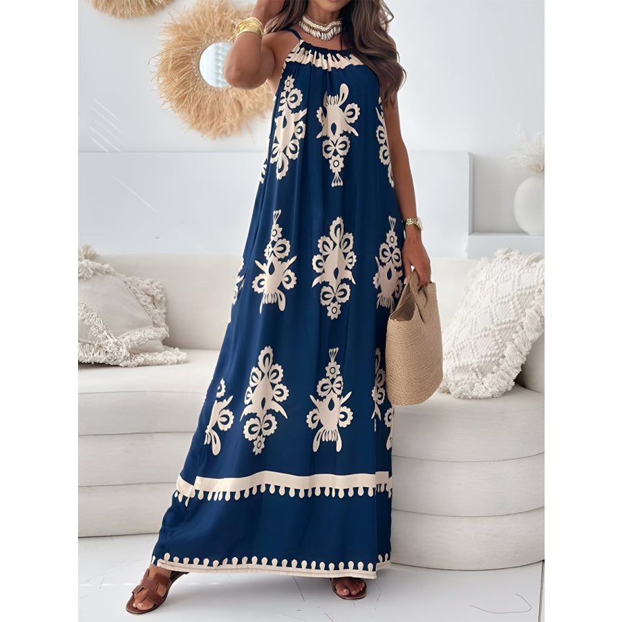 Printed Spaghetti Strap Sleeveless Maxi Dress Navy / S Apparel and Accessories
