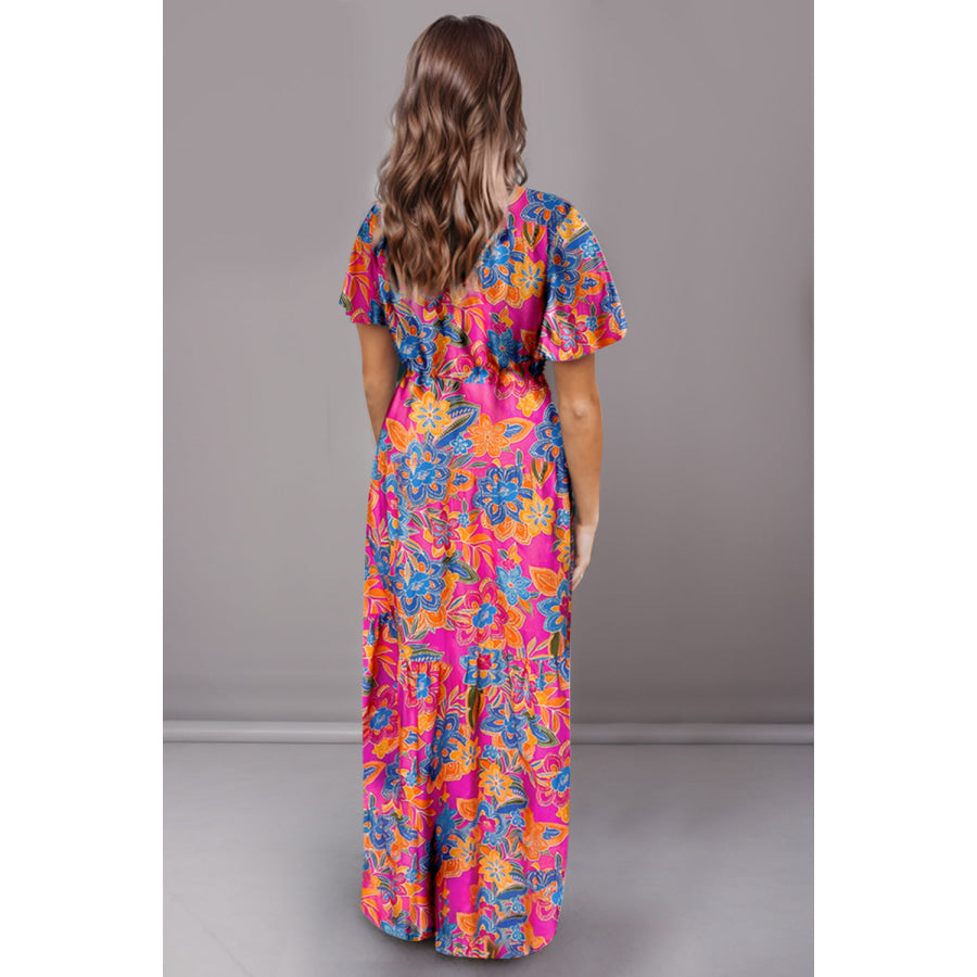 Printed Surplice Short Sleeve Maxi Dress Apparel and Accessories