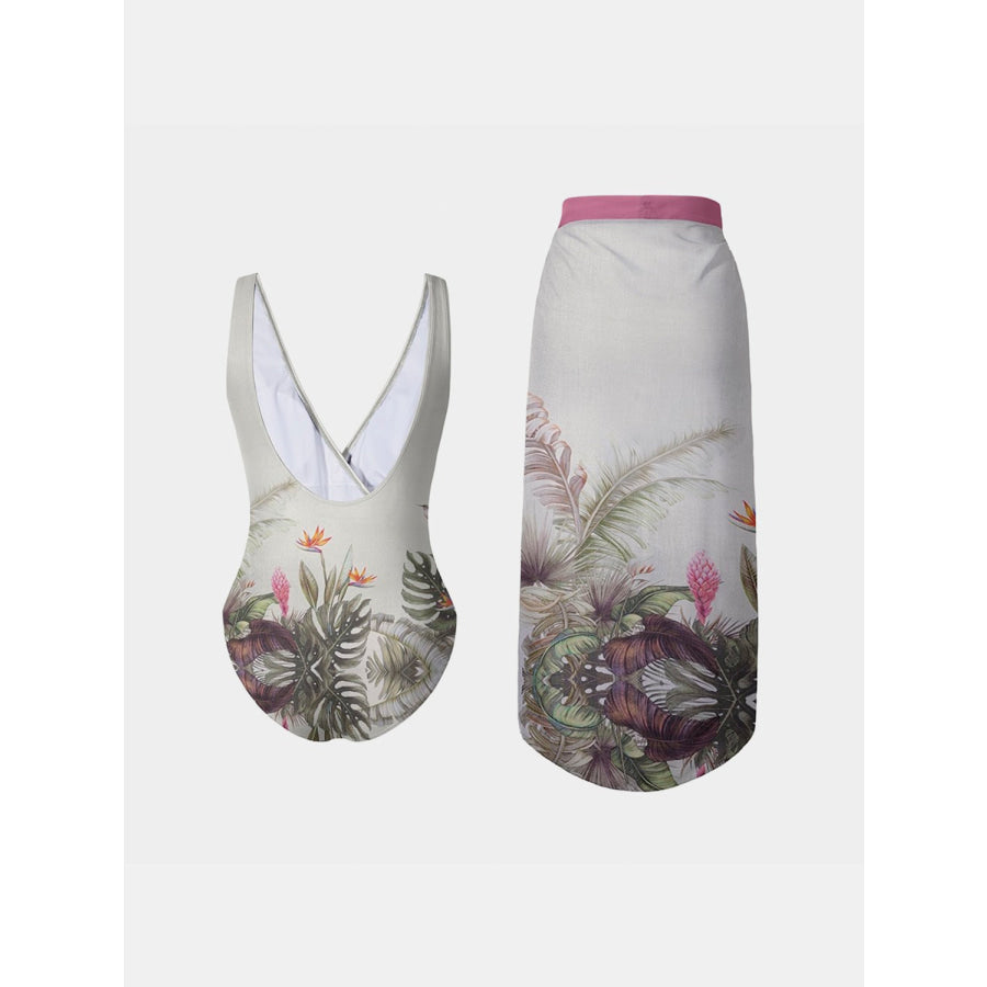 Printed Surplice Wide Strap Swimwear and Skirt Swim Set Apparel Accessories