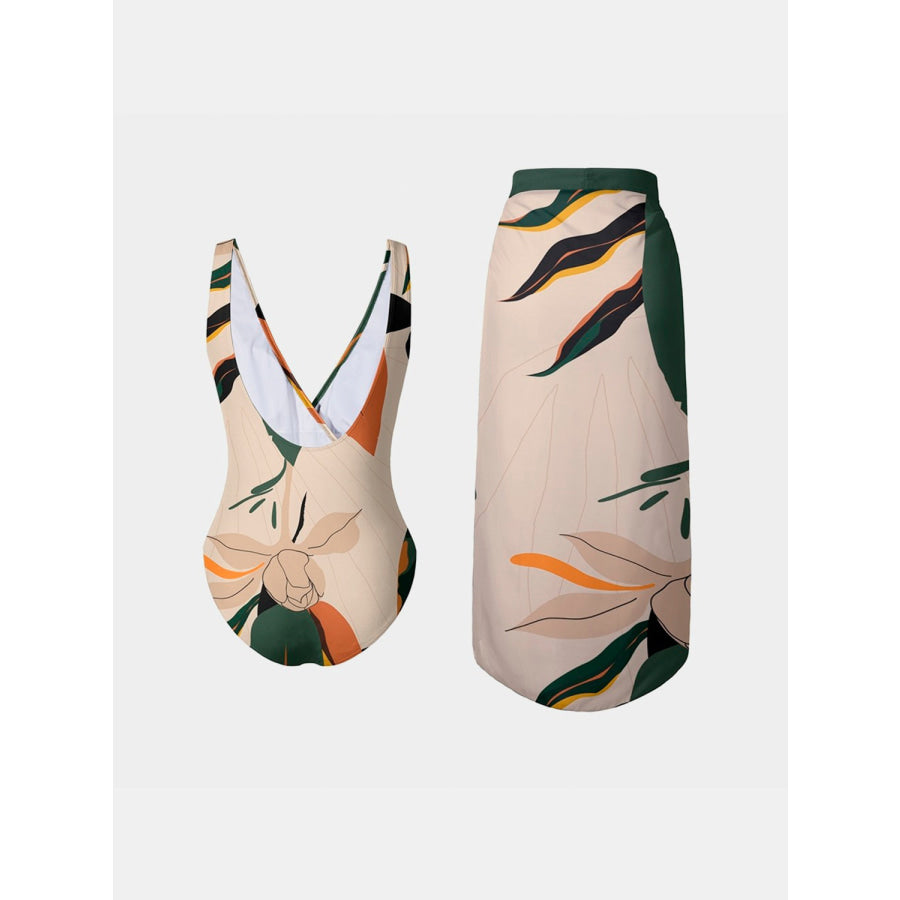 Printed Surplice Wide Strap Swimwear and Skirt Swim Set Apparel Accessories