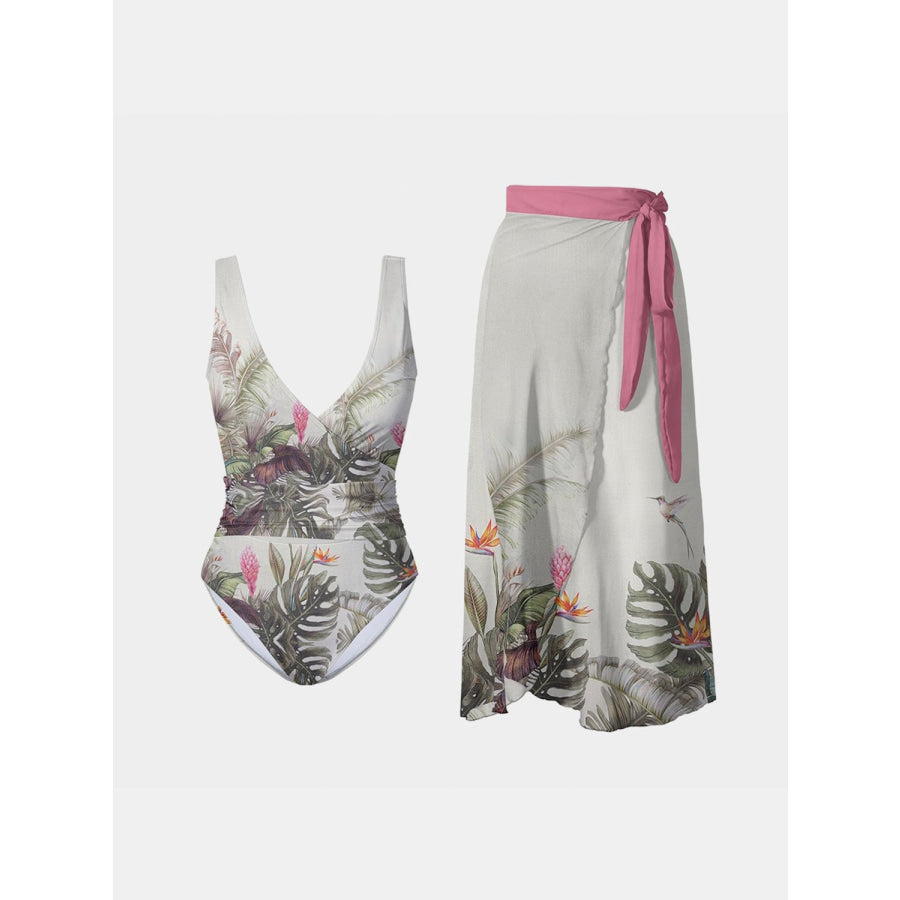 Printed Surplice Wide Strap Swimwear and Skirt Swim Set White / S Apparel Accessories
