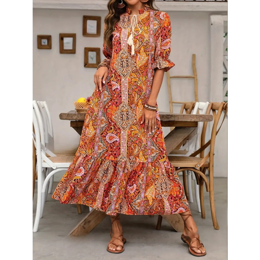 Printed Tie Neck Flounce Sleeve Midi Dress Apparel and Accessories