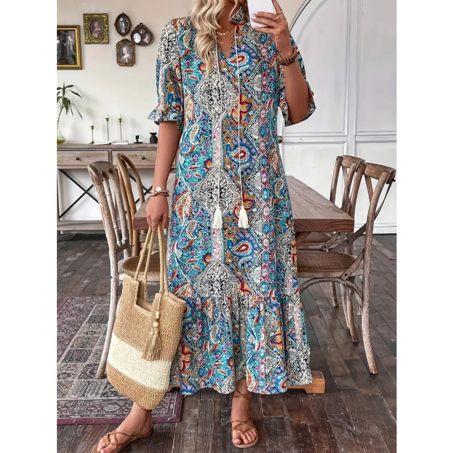 Printed Tie Neck Flounce Sleeve Midi Dress Apparel and Accessories