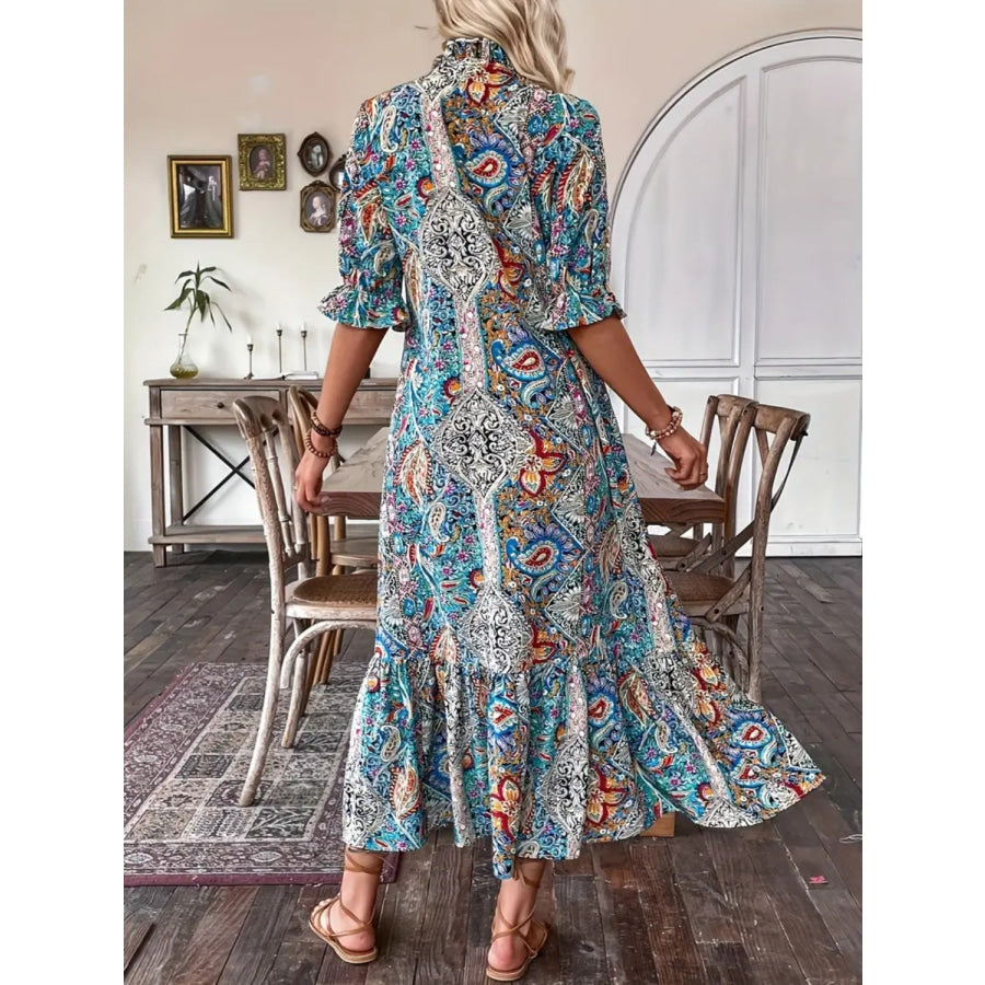 Printed Tie Neck Flounce Sleeve Midi Dress Apparel and Accessories
