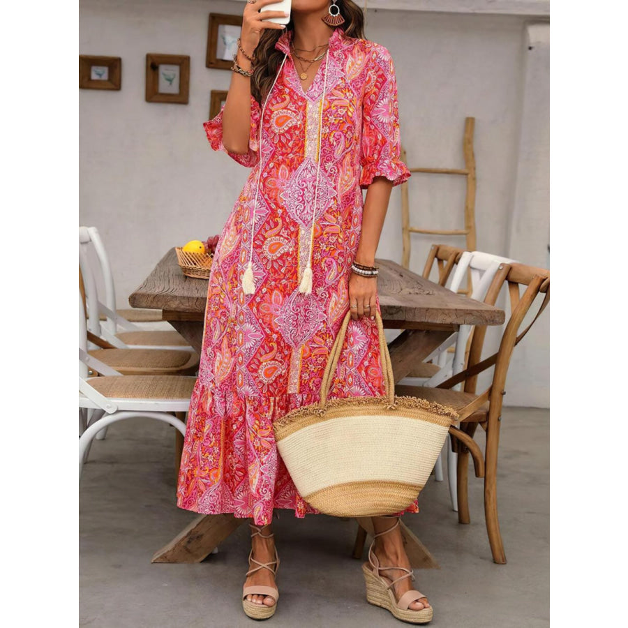 Printed Tie Neck Flounce Sleeve Midi Dress Apparel and Accessories