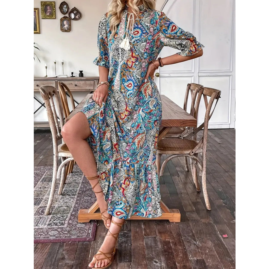 Printed Tie Neck Flounce Sleeve Midi Dress Apparel and Accessories