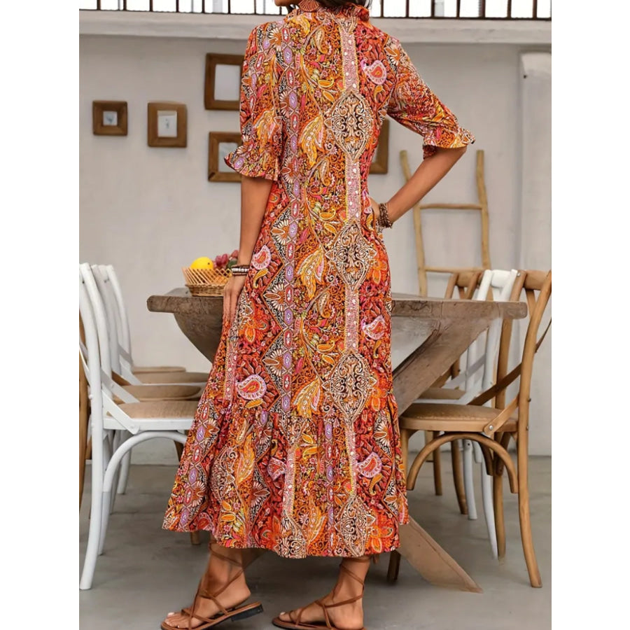 Printed Tie Neck Flounce Sleeve Midi Dress Apparel and Accessories