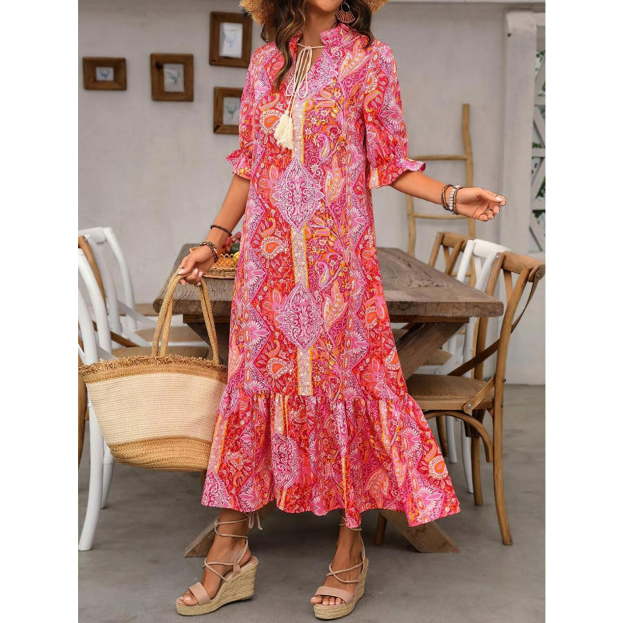Printed Tie Neck Flounce Sleeve Midi Dress Apparel and Accessories
