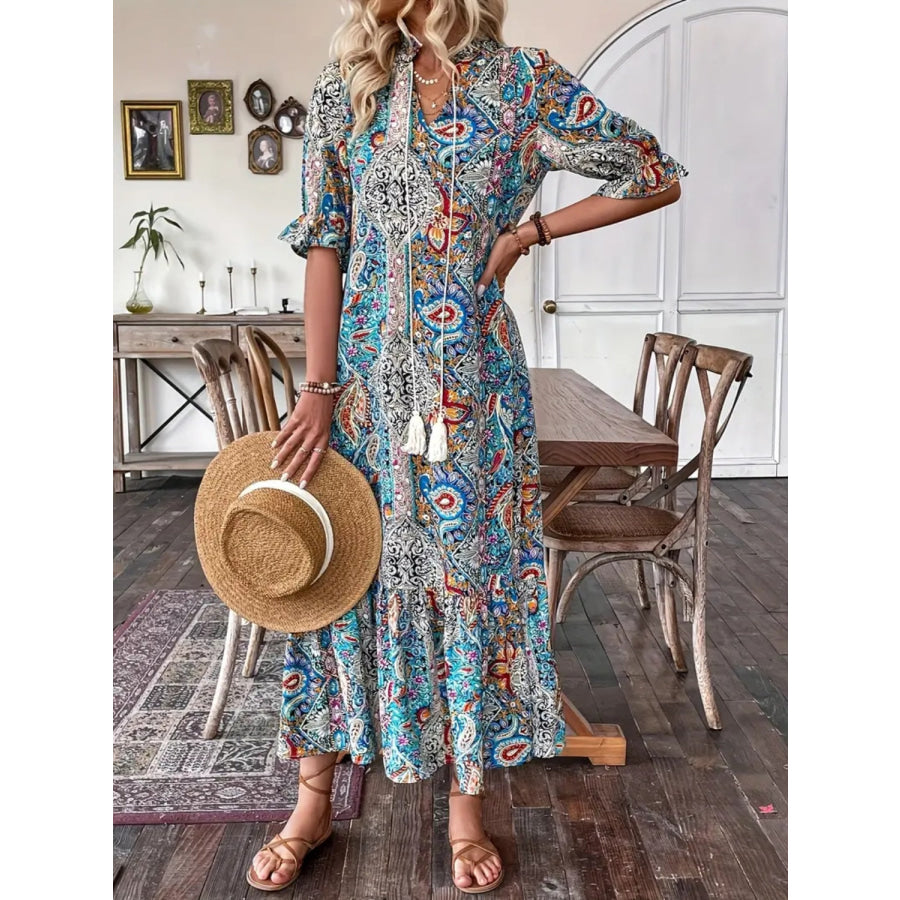 Printed Tie Neck Flounce Sleeve Midi Dress Apparel and Accessories