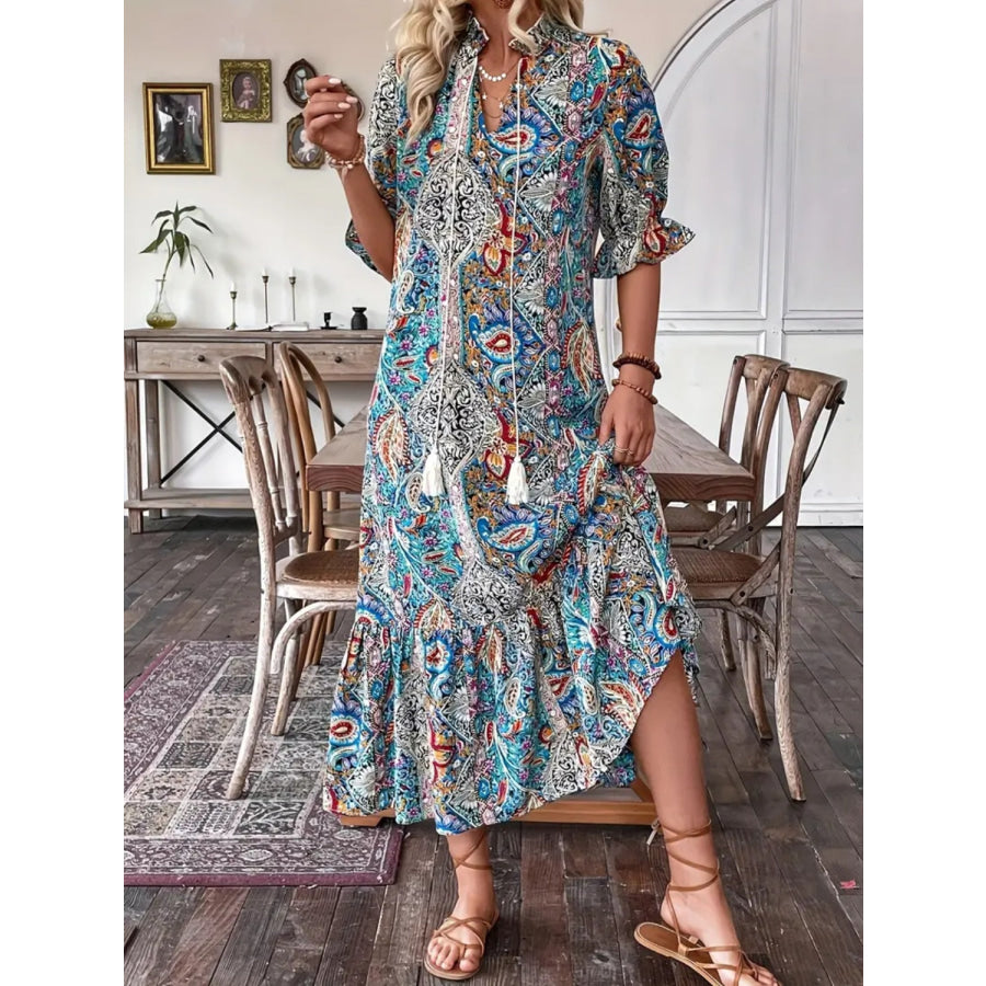 Printed Tie Neck Flounce Sleeve Midi Dress French Blue / S Apparel and Accessories