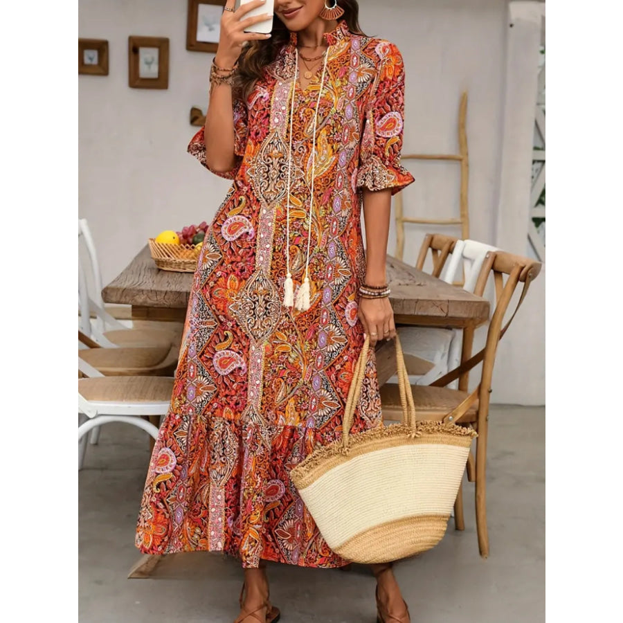Printed Tie Neck Flounce Sleeve Midi Dress Ochre / S Apparel and Accessories