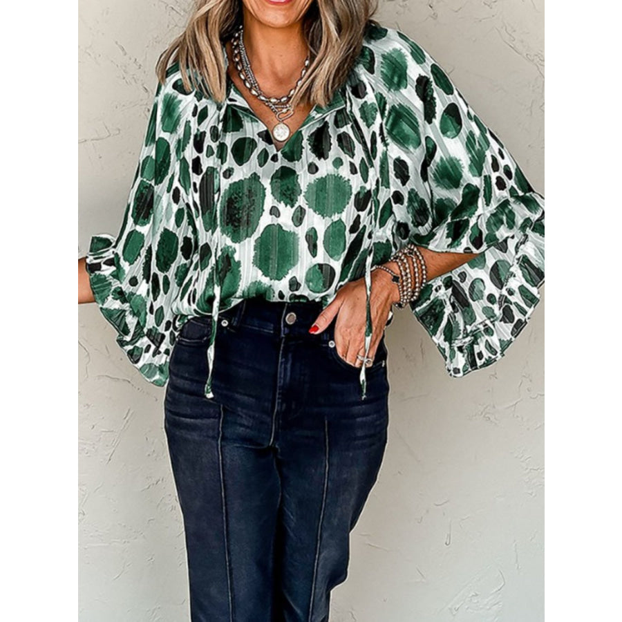 Printed Tie Neck Three-Quarter Sleeve Blouse Apparel and Accessories