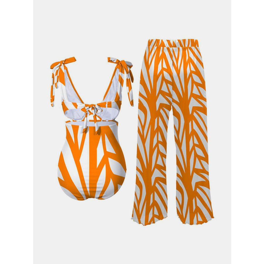 Printed Tie Shoulder Swimwear and Pants Swim Set Tangerine / S Apparel and Accessories