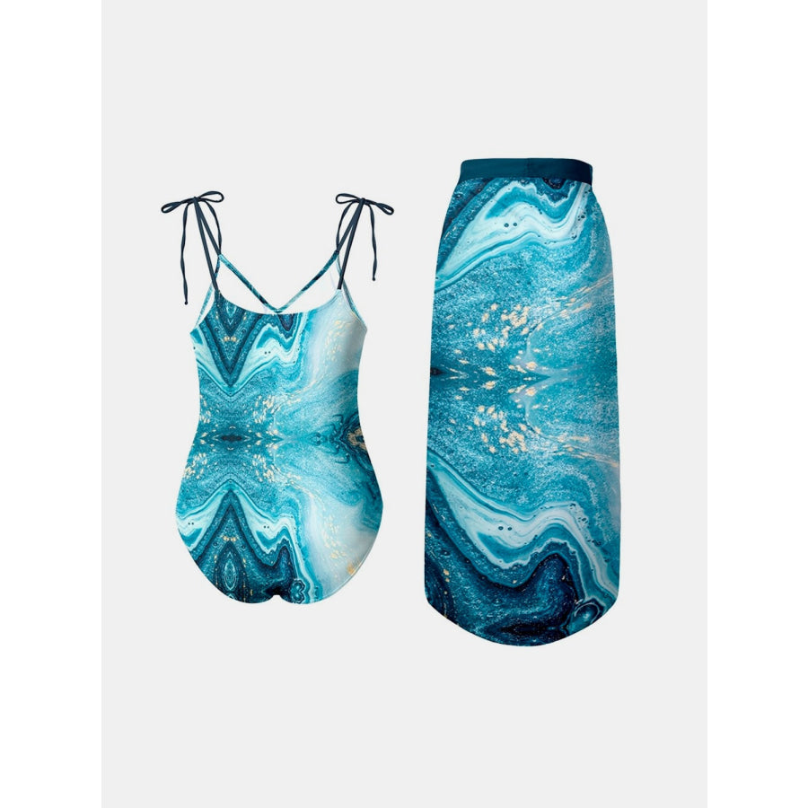Printed Tie Shoulder Swimwear and Skirt Swim Set Apparel Accessories