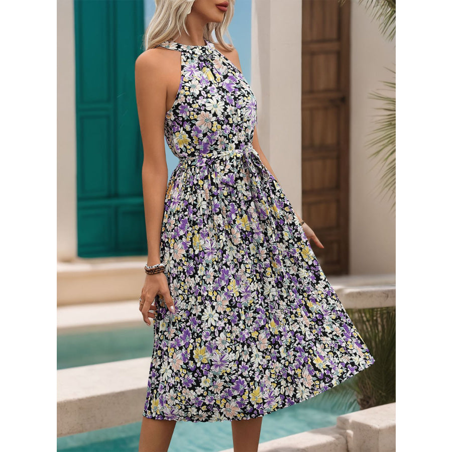 Printed Tie Waist Pleated Dress Floral / S Apparel and Accessories