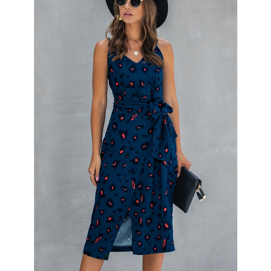 Printed Tie-Waist Spaghetti Strap Dress